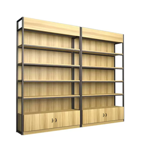 מעמד תצוגת קיר מעץ עם מדפים מתכווננים מדפי עץ לסגנון אופנתי בחנות קמעונאית - Product Image 3