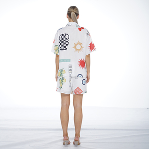 Nuovo Set estivo da <span class=keywords><strong>donna</strong></span> in cotone e <span class=keywords><strong>lino</strong></span>, con camicia stampata monopetto con risvolto e <span class=keywords><strong>pantaloncini</strong></span> stampati - Product Image 3