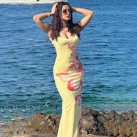 Robe longue d'été pour femme, imprimé floral, dos nu en dentelle, sans manches, en maille transparente, avec liens à nouer, idéale pour la plage, les vacances ou les soirées