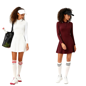 Tenue de tennis OEM pour femme, robe à manches longues en nylon et élasthanne, col polo côtelé, poches latérales, ensemble polyvalent amincissant - Product Image 1