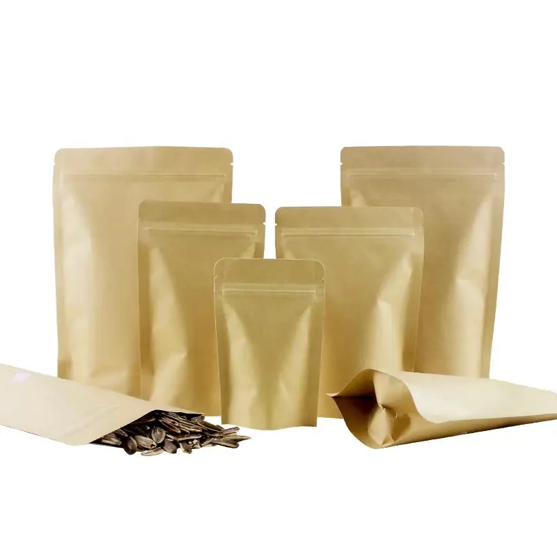 Custom stampato piccolo biodegradabile caffè tè cibo imballaggio chiusura lampo sacchetto marrone carta Kraft Stand up Bag con cerniera