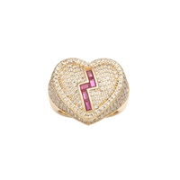 Bague en laiton plaqué or 14 carats, forme cœur, sertie de zircone cubique rose, motif éclair, bijou tendance pour femme