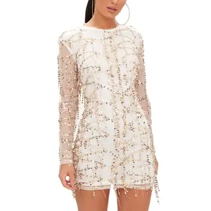 Custom White Sheer Mesh Rose Gold Sequin Long Sleeve Women Fashion Party Bodycon Dress