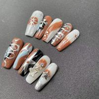Vente en gros d'usine, faux ongles faits à la main, forme de cercueil, crochet, marron, très vendus, haute qualité, réutilisables