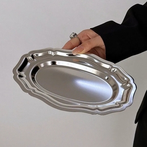 Assiette à dessert ovale réutilisable en acier inoxydable, bord festonné, motif dentelle, pour le thé de l'après-midi, les réceptions de mariage, la <span class=keywords><strong>vaisselle</strong></span> de table - Product Image 5