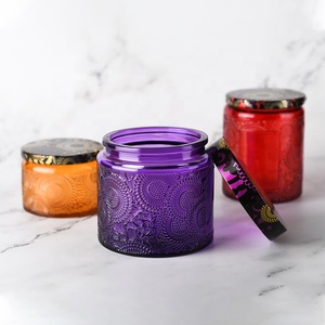 incense glass packaging empty Embossed amber violet green red purple orange Metal Lid Mason Storage Glass candle Jar