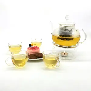 China supplier borosilicate 23 oz combined teapot cup glass teapot and cup set with teapot warmer and glass strainer