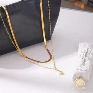 Collar de cadena plana de doble capa de acero inoxidable chapado en oro de 18 quilates con colgante de circonita, joyería de moda para mujer. - Product Image 4