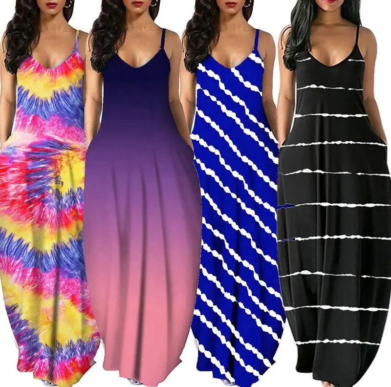 Y305001 Summer S-5XL Sexy Adjustable Strap V neck Dress Stretch Sundress Maxi Loose Printed And Plain Robe Plus Size Dresses