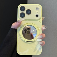 Coque de téléphone antichoc en PC brillant fluorescent avec miroir de maquillage, béquille rotative et grande lentille pour iPhone