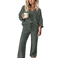 H0TGIFT Ensemble pyjama 2 pièces pour femme, au-dessus du genou, uni, avec pantalon et pull, poches et cordon de serrage, 60% polyester, 35% rayonne, 5% élasthanne |   Décontracté