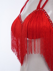 Traje de Baile Latino con Flecos de Pedrería para Mujer, Dos Piezas, Top Halter, Falda Asimétrica con Volantes, para Samba, Rumba, Competición, Personalizado - Product Image 3