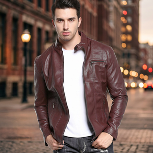 Chaqueta de cuero PU genuino para hombre, de piel de vaca recubierta, con cremallera vertical, para moto, transpirable, impermeable, teñido liso, precio mayorista - Product Image 3