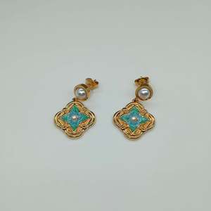 Pearl <b>Earrings</b> 316L Stainless Steel PVD Gold Plating Sustainable Resistant <b>Studs</b> With Green Enamel Design - Product Image 1