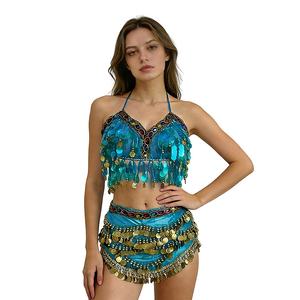 Ensemble de costume de danse orientale, soutien-gorge à sequins, chaîne de taille épaissie et élargie à double rangée de diamants, <span class=keywords><strong>tenue</strong></span> de spectacle sur scène - Product Image 4