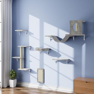 Conjunto de Móveis para Gatos Montado na Parede em Cinza com 6 Peças, Árvore para Gatos <span class=keywords><strong>DIY</strong></span>, Playground, Casa, Ponte, Degraus e Prateleiras para Gatos de Interior - Product Image 4