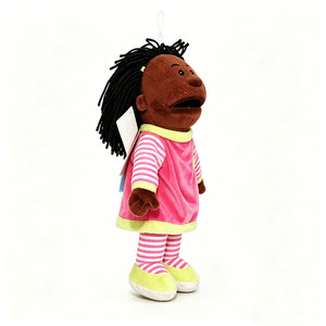 Marionnette en peluche petite fille à peau foncée, avec dreadlocks, bouche mobile et tenue rayée rose, marionnette humaine - Product Image 3