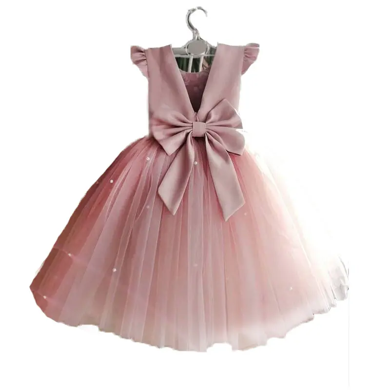 Nette rosa Spitze Kleinkind Mädchen Kleid Schicht Tüll mit einem großen Bogen Ballkleid Baby Mädchen Kind Geburtstags kleider