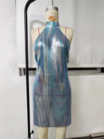 Robe Imprimée Multicolore Bleu Métallisé, Dos Nu, Col Halter, Tenue de Soirée, Festival, Club, Anniversaire, Robe Maille Métallique