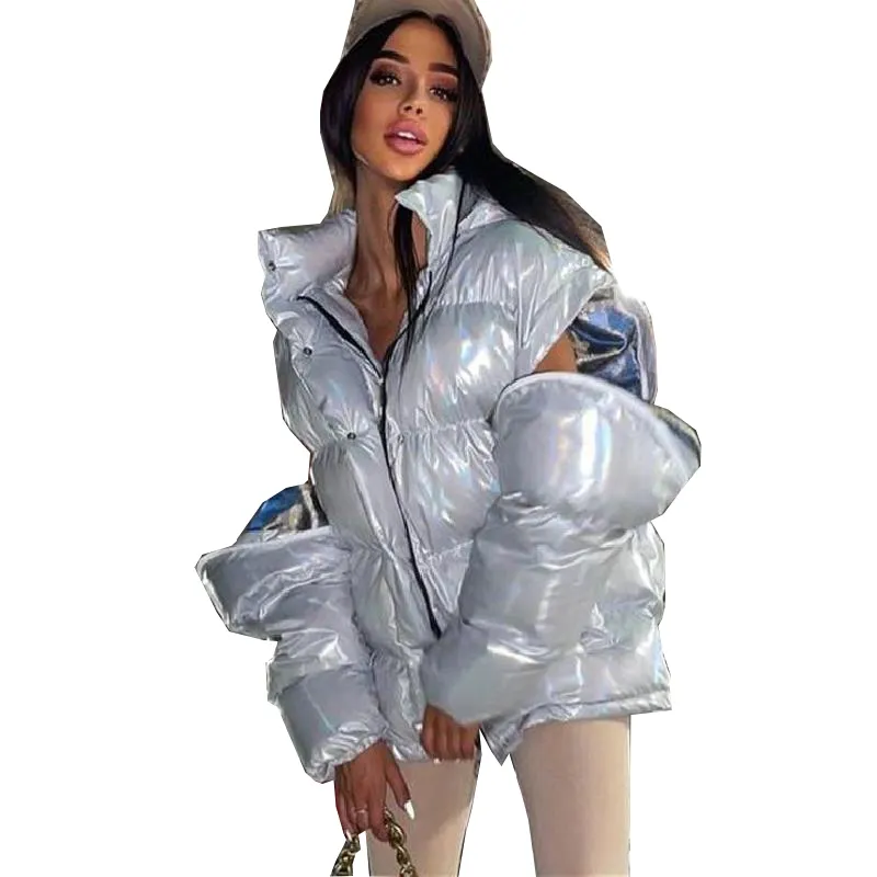 Shiny Silver Metallic Winter Bubble Coat for Women Hooded Zip Detachable Long Sleeve Puffer Jacket