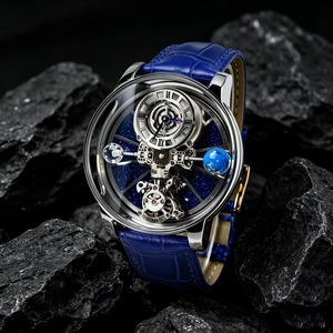 Luxury Men's Mechanical Skeleton Watch Blue Leather Strap Moon Phase Analog Stainless Steel Case 43mm Roman Numeral Dial - Product Image 5