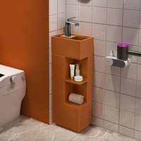 Lavabo sur colonne carré autoportant style influenceur, à bords fins, en pierre artificielle, pour salle de bain minimaliste style hôtel
