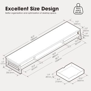 Soporte de Monitor de Madera Ajustable y Extensible con Cajón para 2 Monitores, Estante Elevador de <span class=keywords><strong>Escritorio</strong></span> de 2 Niveles - Product Image 5