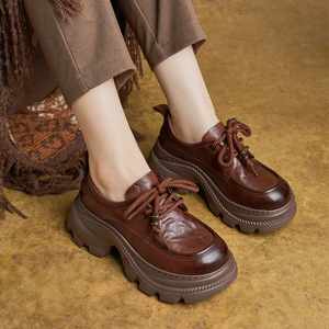 Zapatos de Plataforma con Cordones y Punta Redonda Estilo Británico Otoñal, Zapatos Casuales Ligeros de Cuero Real para Mujer, Zapatos Retro - Product Image 2