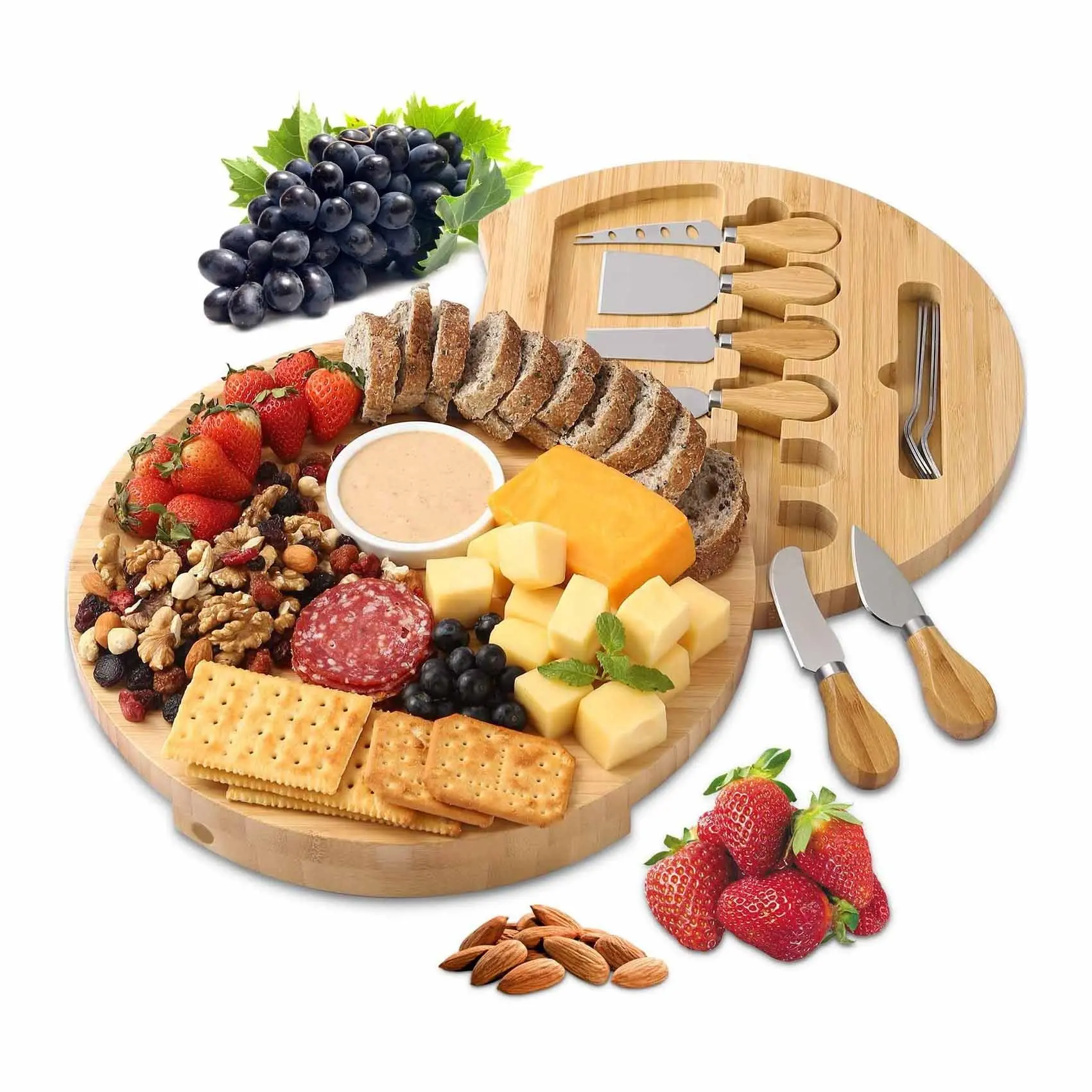 Bamboo Round Charcuterie Boards Cheese Board and Knife Set Meat Platter with 6 knives Cheese Cutting Board Set