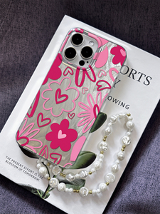 Coque <span class=keywords><strong>de</strong></span> téléphone antichoc en TPU souple avec motif floral rose, cœur argenté, peinture UV, et lanière perlée <span class=keywords><strong>pour</strong></span> iPhone 16 15 14 Pro Max avec protection d'objectif - Product Image 6