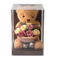 Magnifique bouquet de roses éternelles en savon avec ours en peluche et boîte cadeau en PVC – Idéal pour anniversaire, Saint-Valentin, Thanksgiving, Nouvel An Chinois