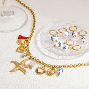 Collar con colgante de estrella de mar en espiral hecho a mano para mujer, de acero inoxidable con oro de 18K, y pendientes azules estilo China-Chic para fiestas - DIY - Product Image 1