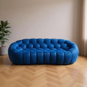 Divano Ovale Trapuntato Homeera L240cm in Camoscio Blu, Stile Chesterfield a Tre Posti per Soggiorno Moderno - Product Image 2