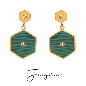 Hexagon Geometric <b>Stud</b> <b>Earrings</b> Green Stripe Gold Plated Party Fashion Jewelry - Product Image 4