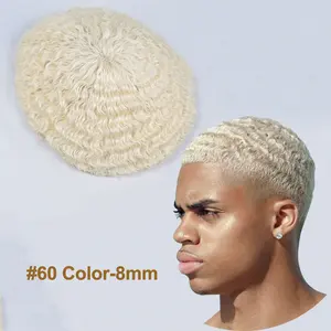 인간의 머리카락 Toupee 8mm Afro Wave #60 Platinum Blonde Color 120% 밀도 인간의 머리카락 교체 프랑스어 레이스 Toupee