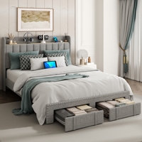 Lit de rangement rembourré réglable avec garniture cloutée, prises USB, tête de lit et double tiroirs, assemblé pour chambre à coucher et chambre d'hôtel