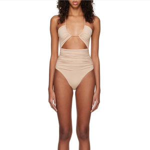 Maillots de bain et vêtements de plage nus solides cordes de cravate licou amovibles froncées sur les maillots de bain une pièce pour femmes - Product Image 1