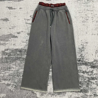 Pantalon de survêtement MP1329 personnalisé à double ceinture, motif écossais, en molleton délavé à l'acide, effet soleil, avec bordure inférieure délavée