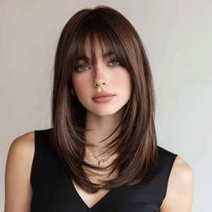 2025 phong cách và đẹp mới 18-inch màu nâu cao bóng tóc giả tự nhiên bangs thẳng chịu nhiệt sợi. SM529 - Product Image 4