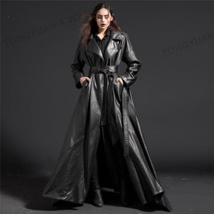 Vêtements grande taille pour femmes, trench-coat <span class=keywords><strong>oversize</strong></span> pour <span class=keywords><strong>femme</strong></span>, trench-coat long en cuir <span class=keywords><strong>noir</strong></span> maxi avec ceinture pour femmes - Product Image 3