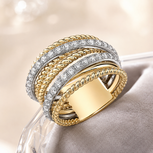 Anello a due toni con più fasce per donna, gioiello da dito a strati alla moda - Product Image 3