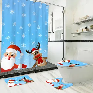 Cortina de ducha de baño de Navidad con estampado 3D de diseñador de poliéster de alta calidad de lujo 4 piezas con ganchos