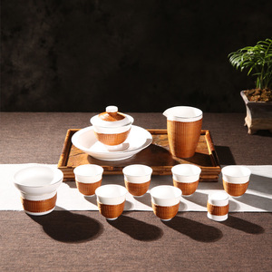 Bamboo Woven Porcelain Tea Set White Handmade Chinese Tea Set For Home And Gift - Product Image 1