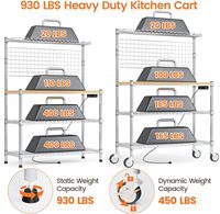 Support de boulangerie avec prise de courant et rangement Étagères de cuisine en fil d'aluminium à mailles décoratives à 4 niveaux Chariot Roues de construction soudées