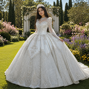 Lscm95 Luxury Ivory Ball Gown <b>Wedding</b> Dress Crystal Beaded Illusion Long Sleeve Corset Bridal Gown Glitter Jancember - Product Image 1
