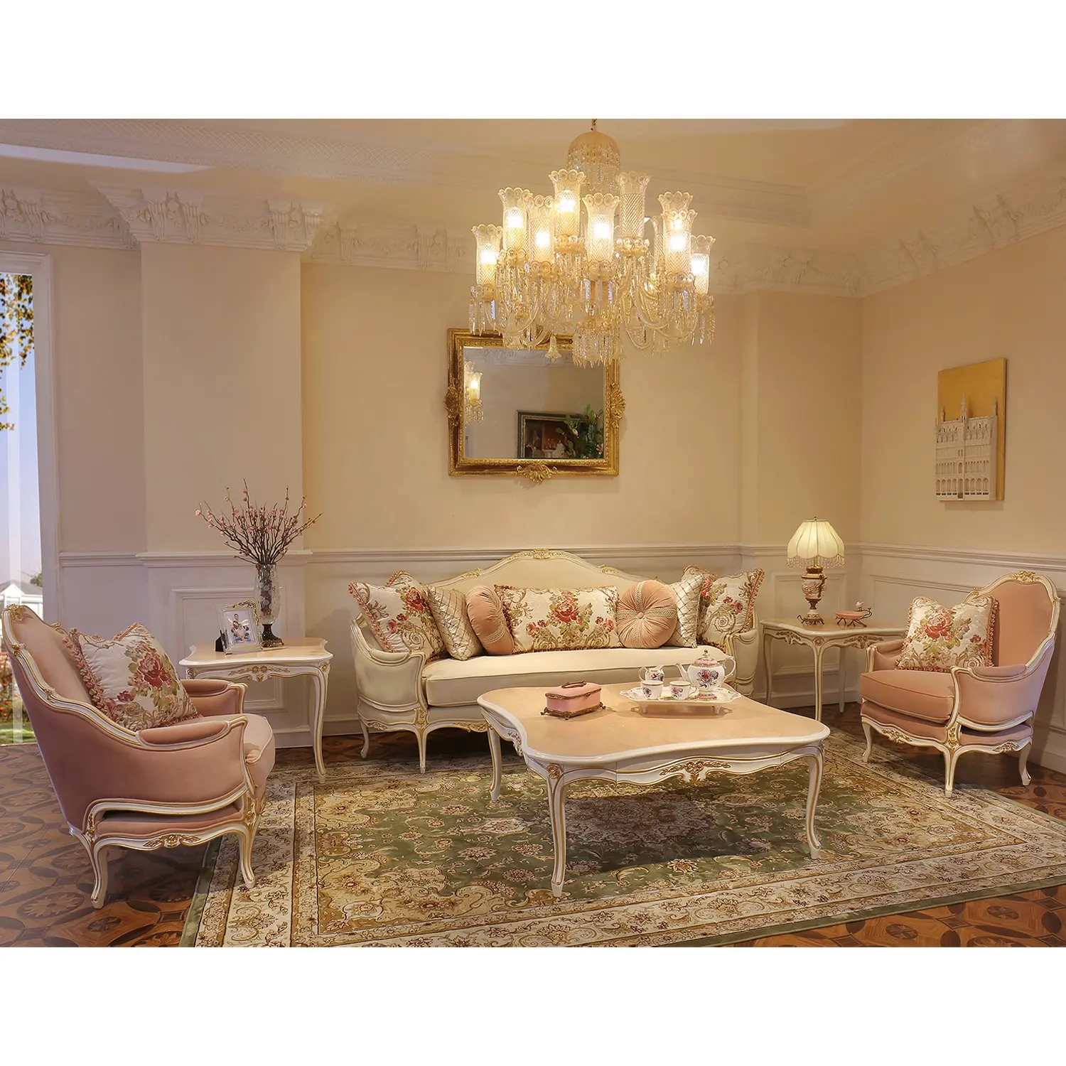 Ensemble canapé en bois, meubles de salon, design italien traditionnel de luxe, coupe antique