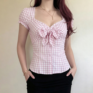 เสื้อเชิ้ตแขนสั้นลายสก็อตหวานๆ สไตล์ฤดูร้อน แต่งโบว์ คอเหลี่ยม ผูกเอว สำหรับผู้หญิง - Product Image 3