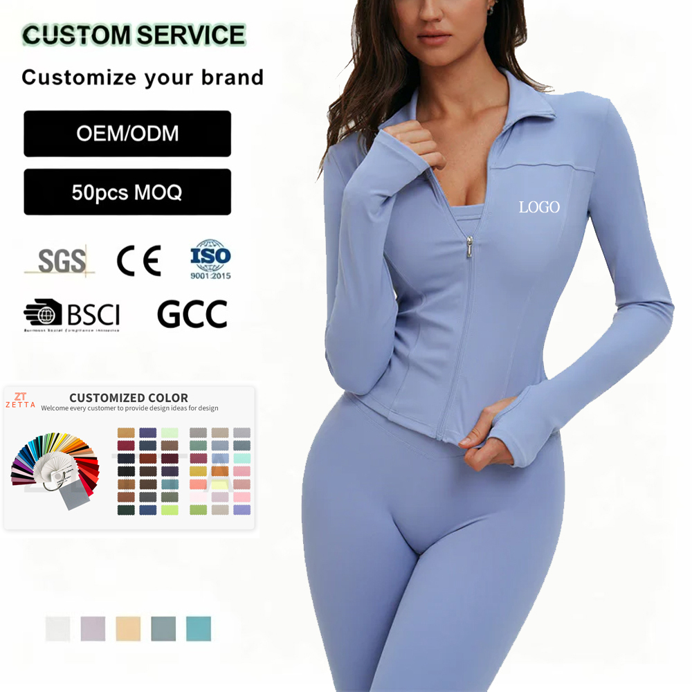 OEM Custom Women Activewear Slim Fit Stand Collar Fitness Crop Top Breathable Stretchy With Thumbholes Full Zip Yoga Jackets