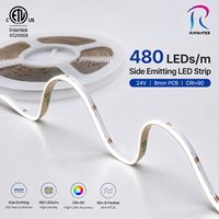 Bande LED COB à émission latérale 24V 480 LED/m CRI90, ruban LED flexible découpable 5M 10M pour lettres lumineuses, étagères, miroirs