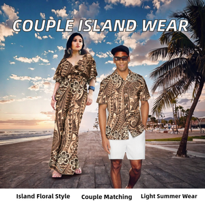 Ensemble de couple d'été OEM, style polynésien, combinaison Puletasi et chemise hawaïenne pour homme, tenues assorties en polyester - Product Image 2